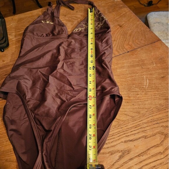 Ocean Dream Brown One Piece Swimsuit with gold embroidery Women's size 12 - Picture 5 of 7